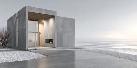 A sleek, minimalist house stands at the edge of a serene beach. The structure features large glass panels and a cozy fireplace, surrounded by smooth pebbles and gentle waves under a twilight sky.の素材