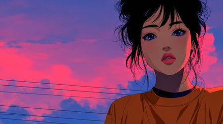 A young woman with long dark hair is shown against a vivid sunset sky. Soft clouds paint the sky in hues of pink and purple, creating a serene and vibrant atmosphere.の素材