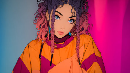 A young woman with braided, colorful hair wears a bright outfit while sitting against a vivid backdrop. Her striking blue eyes catch the light, creating an engaging atmosphere.の素材