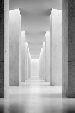 A spacious corridor features tall concrete pillars aligned symmetrically.の素材