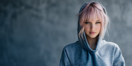 A young woman with light pink hair is wearing a casual gray hoodie. She stands confidently against a smooth gray background, suggesting an urban atmosphere in daylight.の素材