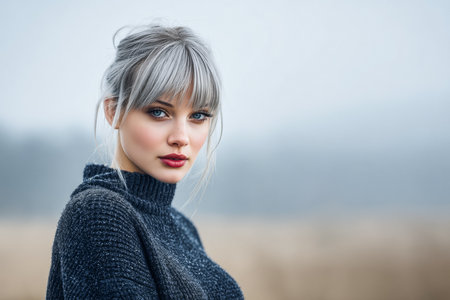 A young woman with silver hair stands outside in a foggy landscape. Her gaze is expressive as she wears a cozy sweater. The atmospheric lighting hints at a serene, chilly day.の素材