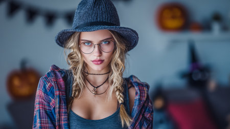 A young woman with braided hair stands confidently, wearing glasses and a hat, surrounded by Halloween decorations.の素材