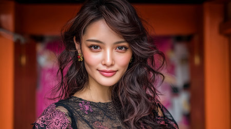 A woman with long, wavy hair stands confidently while smiling, surrounded by colorful decorations during a lively cultural festival. The atmosphere is festive and joyful.の素材