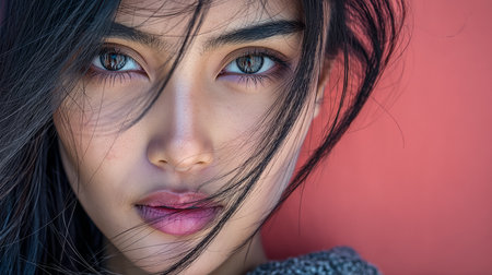 A young woman poses with her hair gently blowing, revealing captivating eyes and a serene expression. The pink backdrop enhances her features in this tranquil moment.の素材