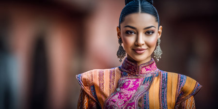 A young woman stands confidently in vibrant traditional clothing adorned with intricate patterns and accessories. Her smile radiates joy as she enjoys a moment in a historic setting.の素材