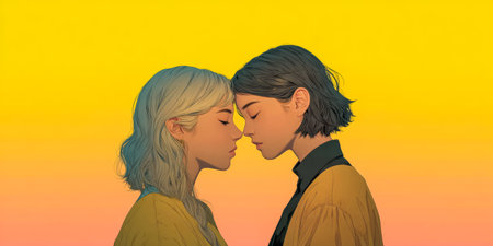Two individuals stand closely, their foreheads touching while their eyes are closed. The warm sunset colors create a serene atmosphere, enhancing the feeling of closeness and bond between them.の素材