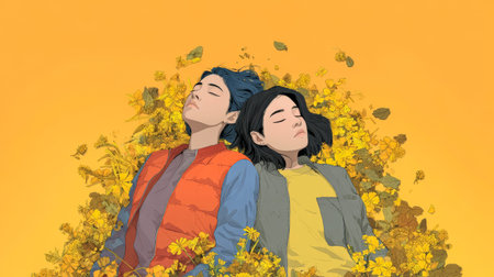 Two individuals lie peacefully on a bed of yellow flowers, surrounded by a warm orange backdrop. Their calm expressions suggest a moment of tranquility and connection.の素材