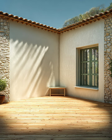 This serene corner features a wooden deck against a stone wall, with fresh greenery outside a window creating a calming atmosphere in daylight.の素材