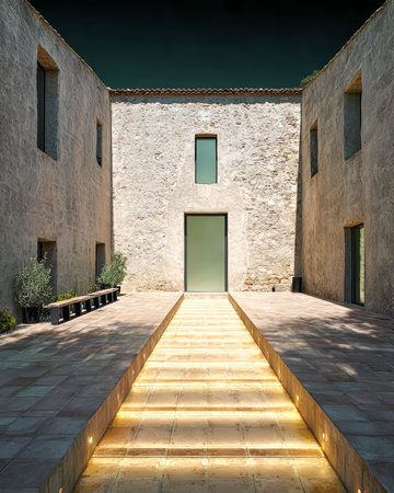 A beautifully designed courtyard features smooth stone pathways illuminated by lights. The surrounding minimalist walls add a sense of calm, creating an inviting atmosphere.の素材
