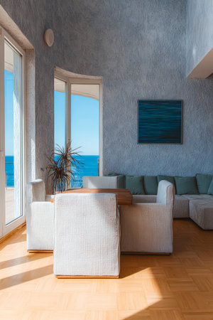 A stylish living room features a comfortable seating area with an ocean view. Large windows let in daylight, enhancing the serene atmosphere of this beach house.の素材