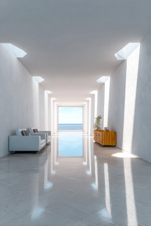 A spacious, modern hallway features white walls and sleek furniture. Bright sunlight streams through large openings, creating reflections on the polished floor. An ocean view is visible ahead.の素材