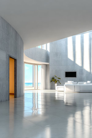 A bright living room features large windows showing the ocean view. Sleek white furniture complements the clean lines and spacious layout of the modern home.の素材