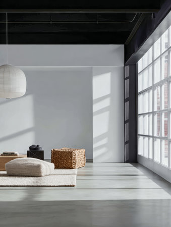 Spacious interior featuring large windows that let in sunlight. The room is designed in a minimalist style with simple furniture and neutral colors. A cozy atmosphere invites relaxation.の素材