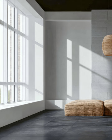 Sunlight streams through large windows, illuminating a stylish space with a woven basket and comfortable cushions. The clean lines create a tranquil atmosphere.の素材