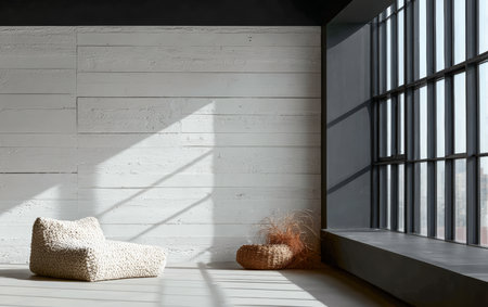 A serene room filled with natural light, showcasing minimalist decor. A textured bean bag and a woven basket sit near large windows, creating a peaceful atmosphere.の素材