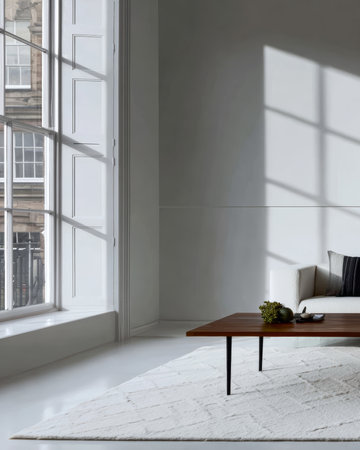 A sleek city apartment features a cozy modern living room with large windows, natural light, a stylish coffee table, and a soft rug. The space feels open and inviting.の素材
