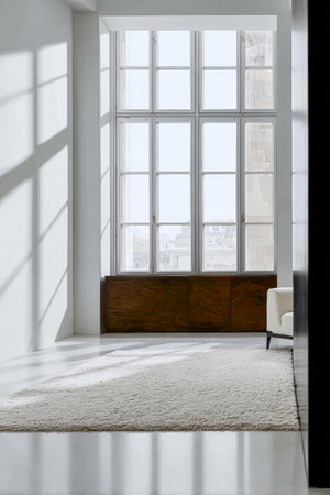 Natural light floods this spacious interior featuring large windows and a cozy rug. Minimalist decor enhances the calm atmosphere of the room, making it inviting and serene.の素材