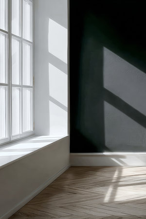 Sunlight pours into a clean, minimalistic room, highlighting the textures of the wooden floor and the contrasting dark wall. Shadows create an artistic play of light and dark.の素材