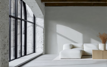 A spacious living room showcases a sleek white sofa and a simple wooden coffee table. Sunlight streams through large windows, creating inviting shadows on the floor.の素材
