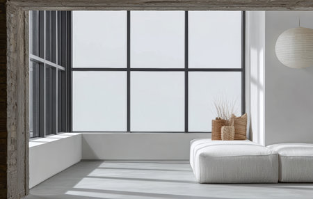 A spacious living area features large windows allowing natural light to fill the room. Simple decor includes cozy cushions and woven baskets, creating a serene atmosphere.の素材