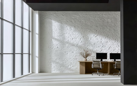 Spacious office area with white brick walls and abundant natural light coming through large windows. Two stylish desks with computer screens are neatly arranged for work.の素材