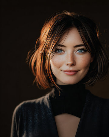 A young woman poses confidently, wearing a dark top, showcasing her radiant blue eyes and gentle smile. The soft lighting highlights her features beautifully.の素材