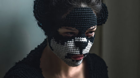 A woman in an indoor space showcases a striking crocheted mask that features a panda design. Her focus and creativity highlight the artistry involved in wearing such a unique piece.の素材