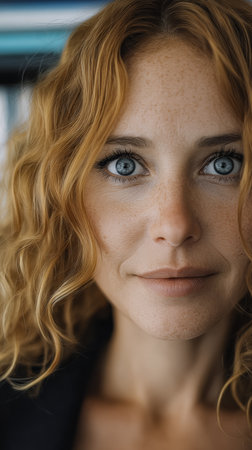 A young woman with curly red hair and clear blue eyes looks directly at the camera. The background features soft lighting and contemporary decor, creating a calm atmosphere.の素材