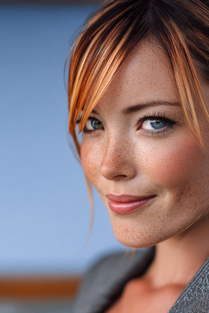 A young woman with freckles and light brown hair highlights smiles gently. Her blue eyes show warmth in a natural, relaxed indoor environment filled with soft light.の素材