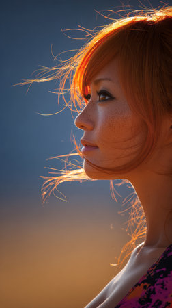 A woman with vibrant orange hair stands outdoors, illuminated by soft sunlight. Her profile highlights her graceful features against a blurred background, creating a peaceful atmosphere.の素材