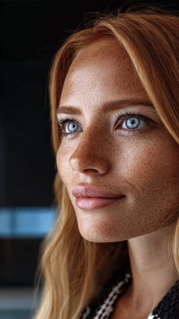 A young woman stands in a dimly lit room, looking thoughtfully ahead. Her striking blue eyes and distinctive freckles are highlighted, giving her a natural beauty.の素材