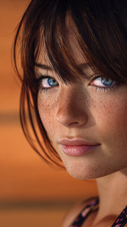 A young girl with a charming smile features bright blue eyes and noticeable freckles. The warm wooden backdrop enhances her natural beauty, creating a serene atmosphere.の素材