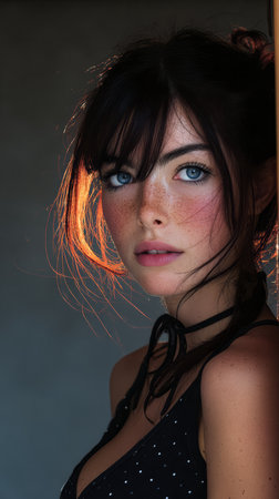 A young woman with blue eyes and freckles gazes thoughtfully into the distance. Soft light highlights her features, creating a serene and captivating atmosphere in the background.の素材