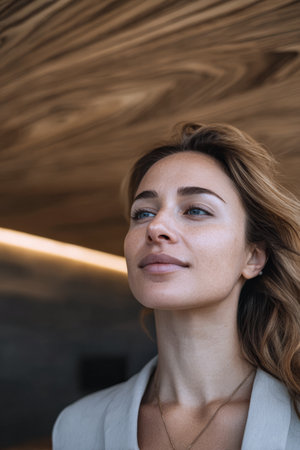 A young woman stands with a calm expression, her hair gently flowing. She appears relaxed in a stylish modern space with warm wooden accents, enjoying the peaceful ambiance.の素材