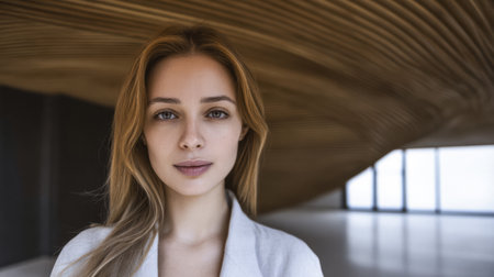 A young woman stands in a spacious indoor area, showcasing her natural beauty. The backdrop features unique modern architecture with soft lighting enhancing the scene.の素材
