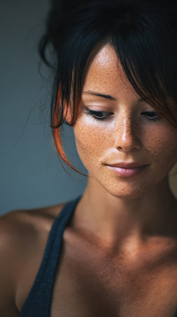 A young woman with beautiful freckles gazes downward, her expression contemplative. With soft natural lighting, her features highlight a sense of serenity and beauty, emphasizing her individuality.の素材