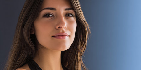 A young woman stands with a relaxed expression, her long dark hair framing her face. She is positioned against a soft blue backdrop inside a studio, exuding confidence.の素材