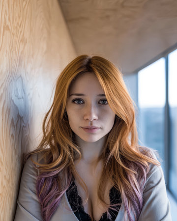 A young woman with long, wavy hair stands against a light wooden wall. The setting feels modern with large windows letting in ample daylight. Her expression is calm and thoughtful.の素材