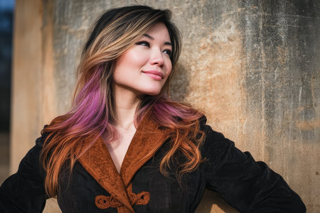 A woman stands with a relaxed pose against a textured wall. She showcases vibrant hair colors, smiling softly in warm sunlight, embodying confidence and style.の素材