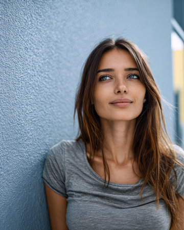 A young woman with long, brown hair and blue eyes stands against a light blue wall. She is dressed casually and gazes thoughtfully into the distance, enjoying the moment.の素材