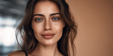 A woman stands in a soft-lit indoor space, showcasing her captivating blue eyes and gentle smile. Her relaxed pose reflects a sense of calm and confidence.の素材