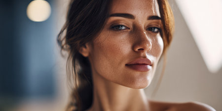 A woman with a natural look poses in a softly lit indoor space. Her expression shows confidence as she gazes directly at the camera, showcasing her features and relaxed demeanor.の素材