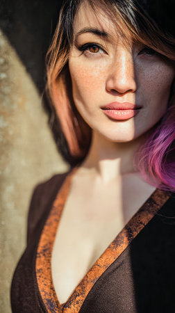 A young woman with pink hair stands in soft sunlight, her features highlighted by shadows. The warm colors enhance her freckles, emphasizing her unique style and beauty.の素材