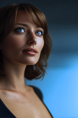 A woman with striking blue eyes looks upward in contemplation as soft light illuminates her face. The atmosphere feels serene and introspective, revealing a moment of reflection.の素材