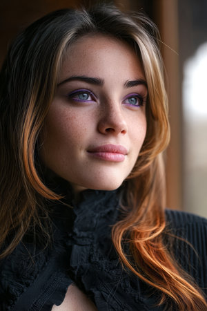 A young woman gazes thoughtfully with bright, captivating eyes. Her long hair cascades elegantly, accentuated by natural makeup. The soft light from the window highlights her unique beauty.の素材