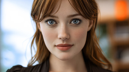 A young woman stands in a well-lit indoor space, gazing confidently into the camera.の素材