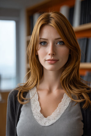 A young woman with long red hair stands in a modern library with books behind her. Natural light pours in through large windows, creating a warm atmosphere.の素材