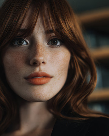 A young woman with red hair and freckles gazes at the camera with a gentle expression. Bookshelves filled with books create a warm atmosphere around her.の素材