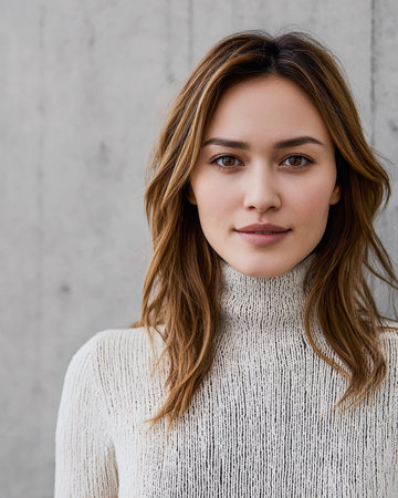 A young woman with brown hair and natural makeup stands confidently, wearing a cozy turtleneck sweater. The backdrop features a smooth gray wall, creating a modern aesthetic.の素材